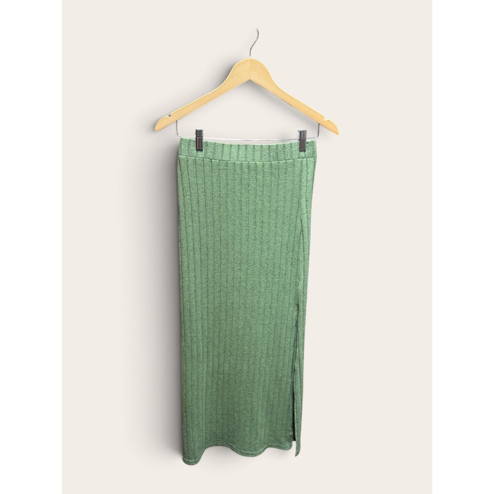 Green Ribbed Knit Maxi Skirt Side Slit High Waist Soft Fall Winter Sage Medium